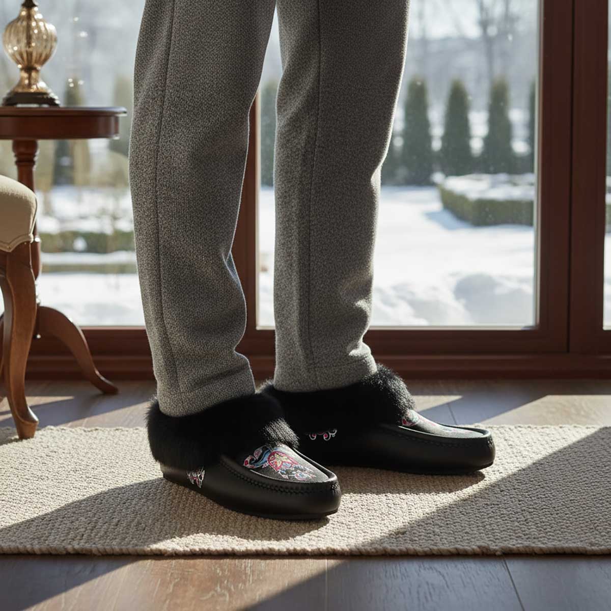 Northern Ember Black Leather Black Fur Moccasin