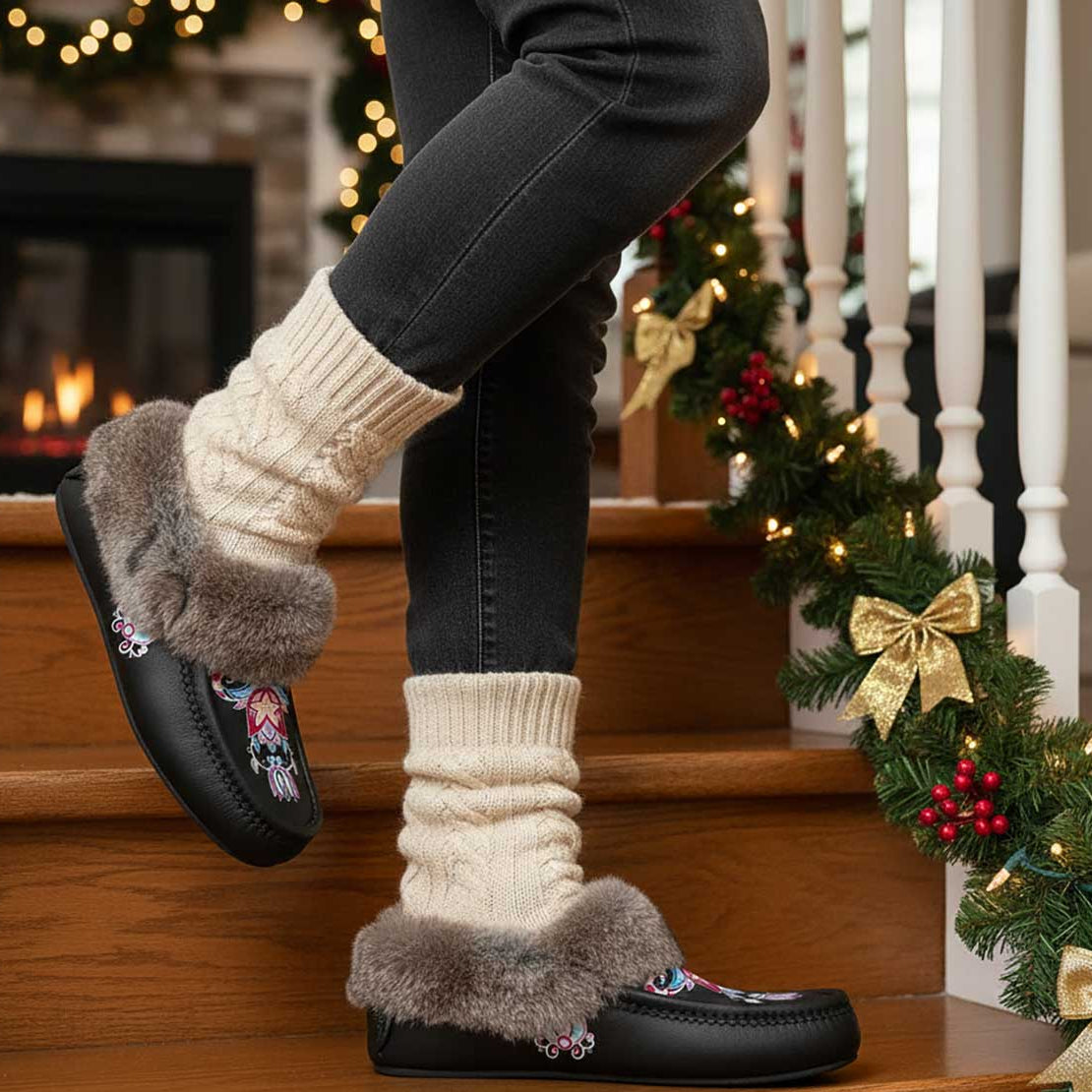 Northern Ember Black Leather Mottled Fur Moccasin