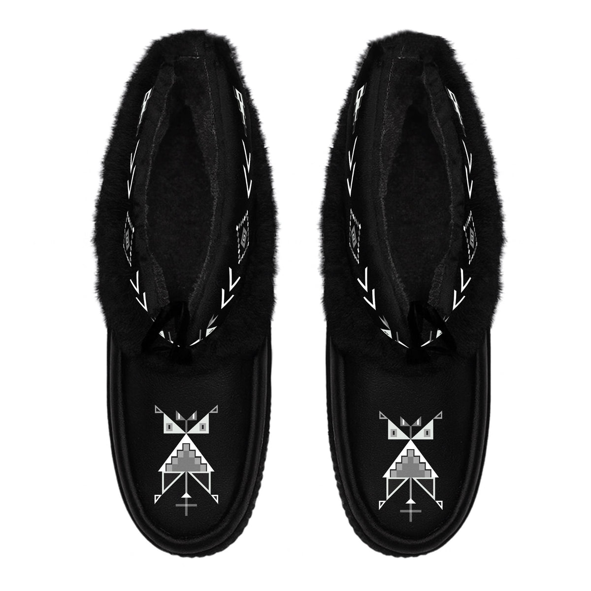 Owl Watcher Black Leather MocLux Ankle with Black Fur from above, sherpa lining, black ties and geometric owl toe design