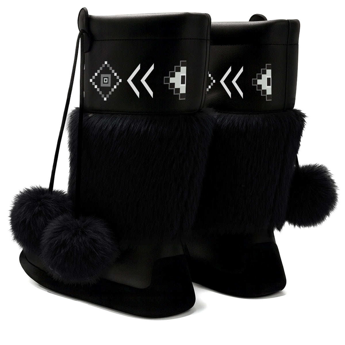 Owl Watcher Black MocLux Calf with Black Fur pair from behind, black fur and pom-poms
