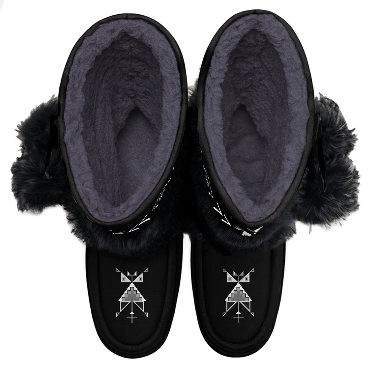 Owl Watcher Black MocLux Calf with Black Fur from above, soft lining and black and grey geometric toe print