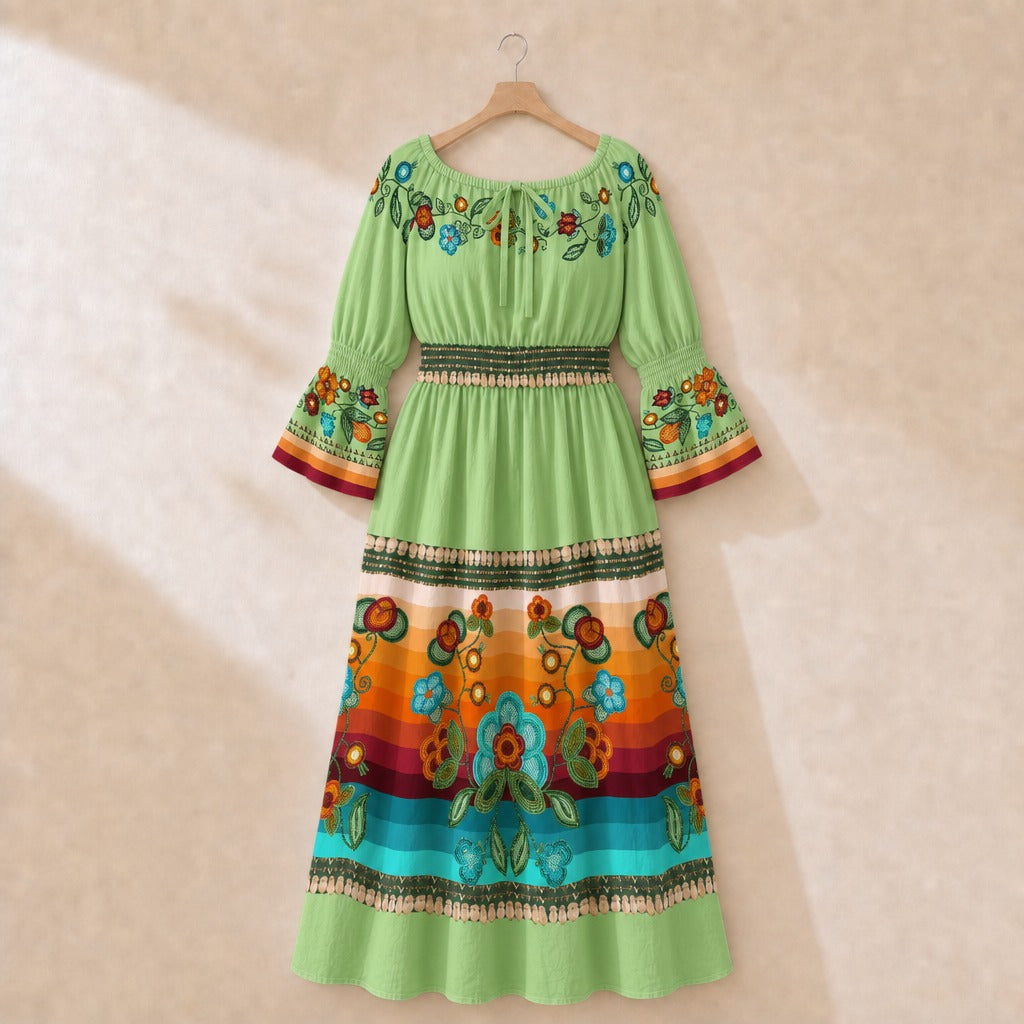 Prairie Fire Petals Sage 1 Smocked Waist Peasant Dress