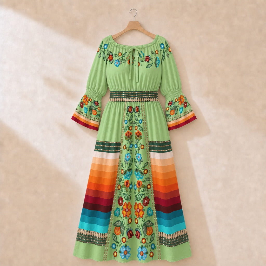 Prairie Fire Petals Sage 2 Smocked Waist Peasant Dress