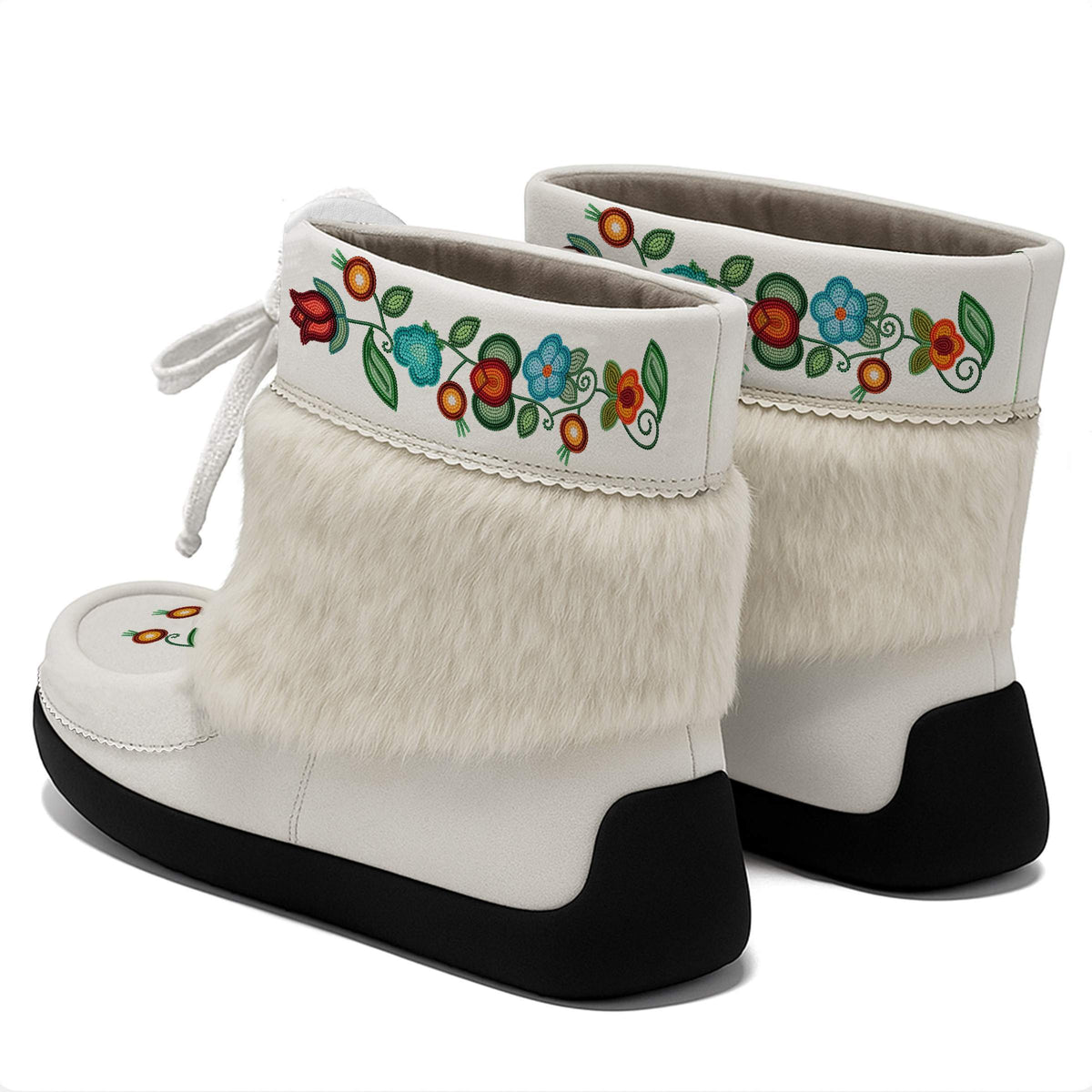 Prairie Fire Petals white ankle MocLux (white fur) pair from behind at an angle, fur band above the heels