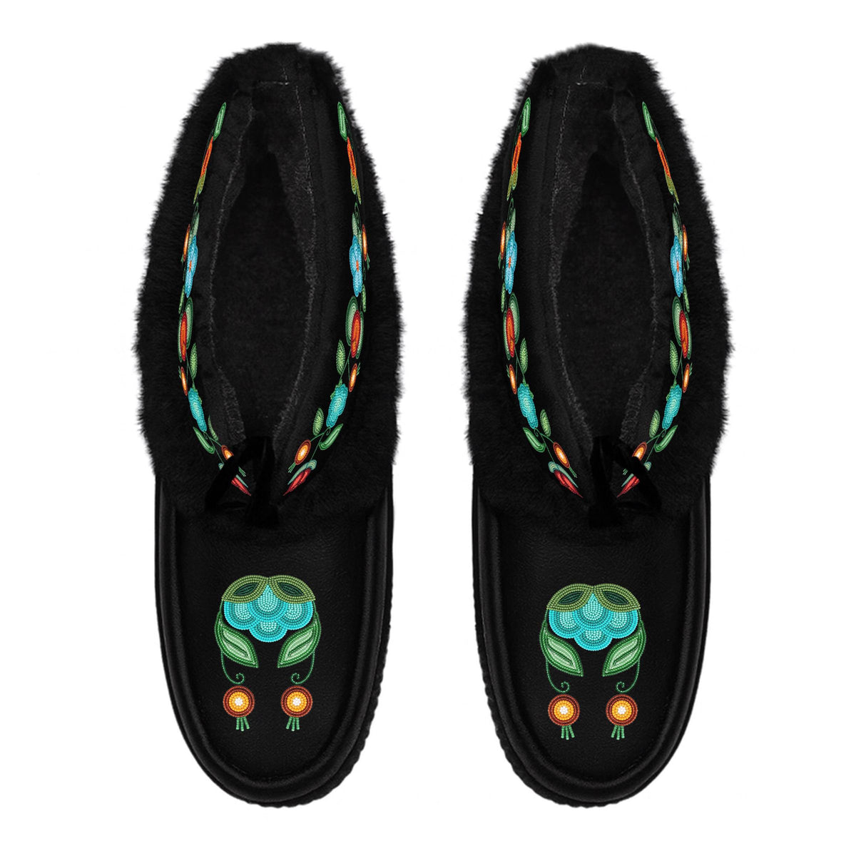 Prairie Fire Petal Black Leather MocLux Ankle with Black Fur from above, sherpa lining, black ties and turquoise flower toe design