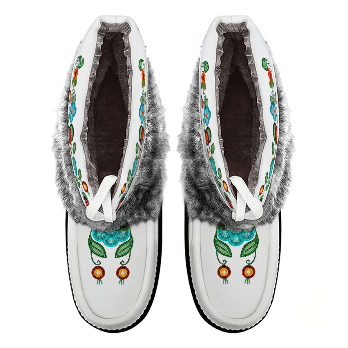 Prairie Fire Petal White Leather MocLux Ankle with Grey Fur from above, sherpa lining, white ties and printed toe design