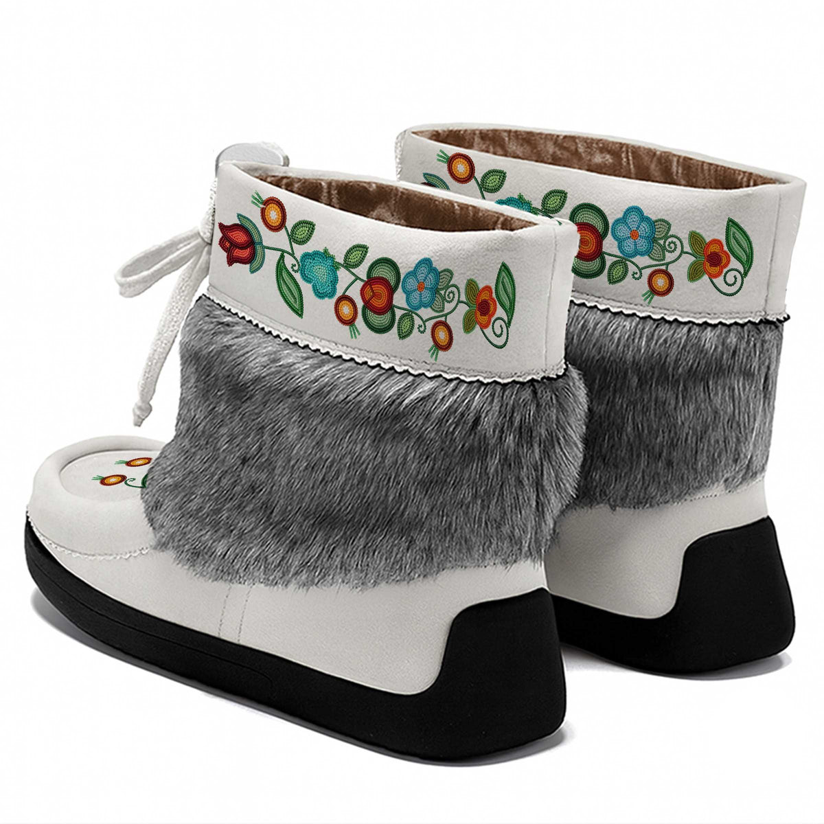 Prairie Fire Petal White Leather MocLux Ankle with Grey Fur, back view of a pair with a cuff printed with red, blue and orange flowers on a green vine