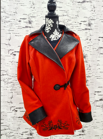 Red Embroidered Wool Coat w/ Leather Collar