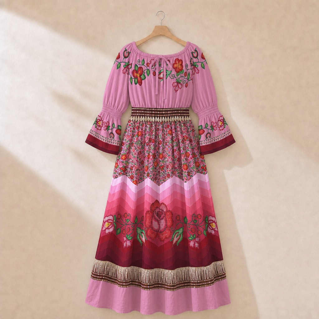 Rose Reverie Pink Smocked Waist Peasant Dress