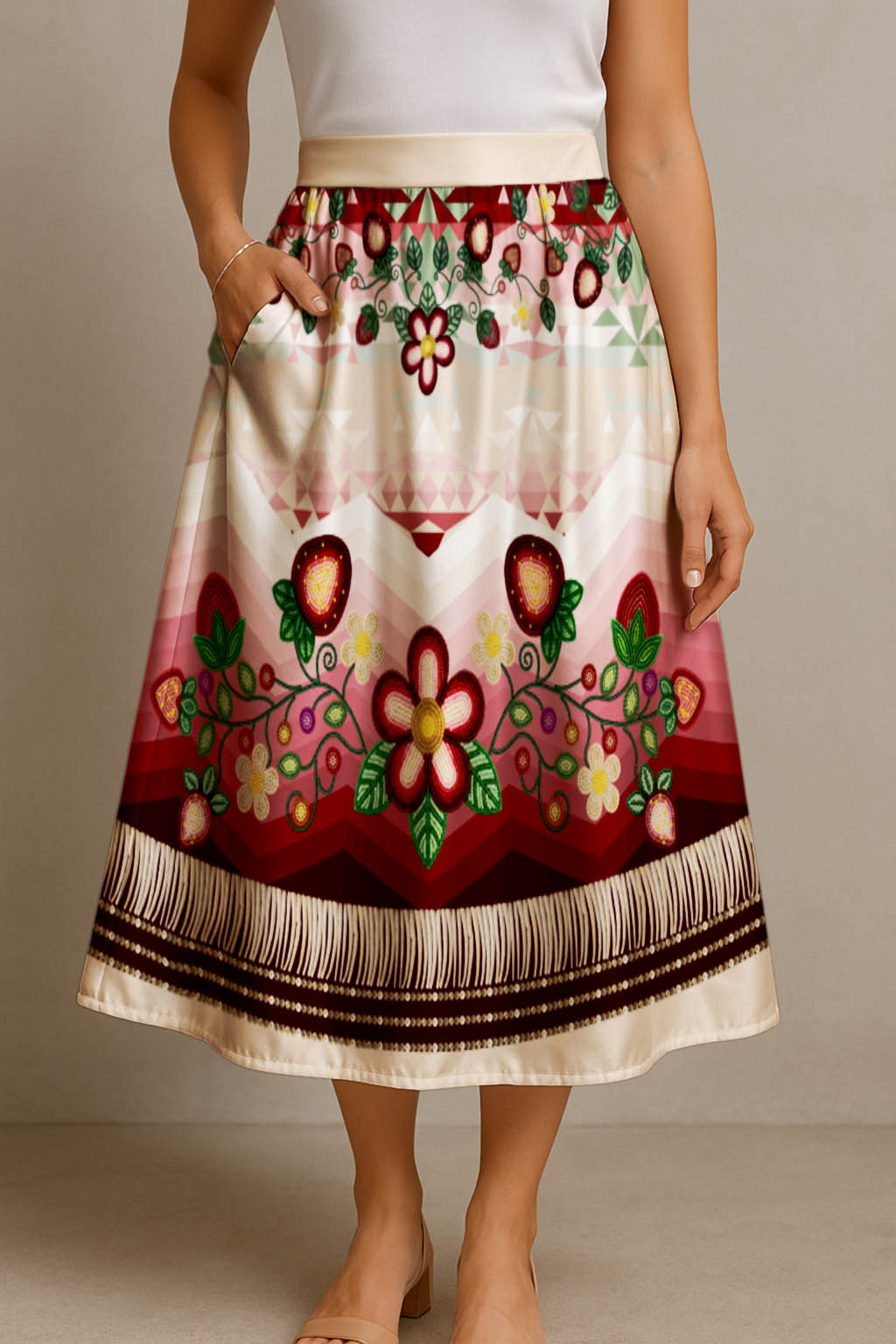 Sacred Strawberry Cream 1 Elastic Waist Pocket Midi Skirt