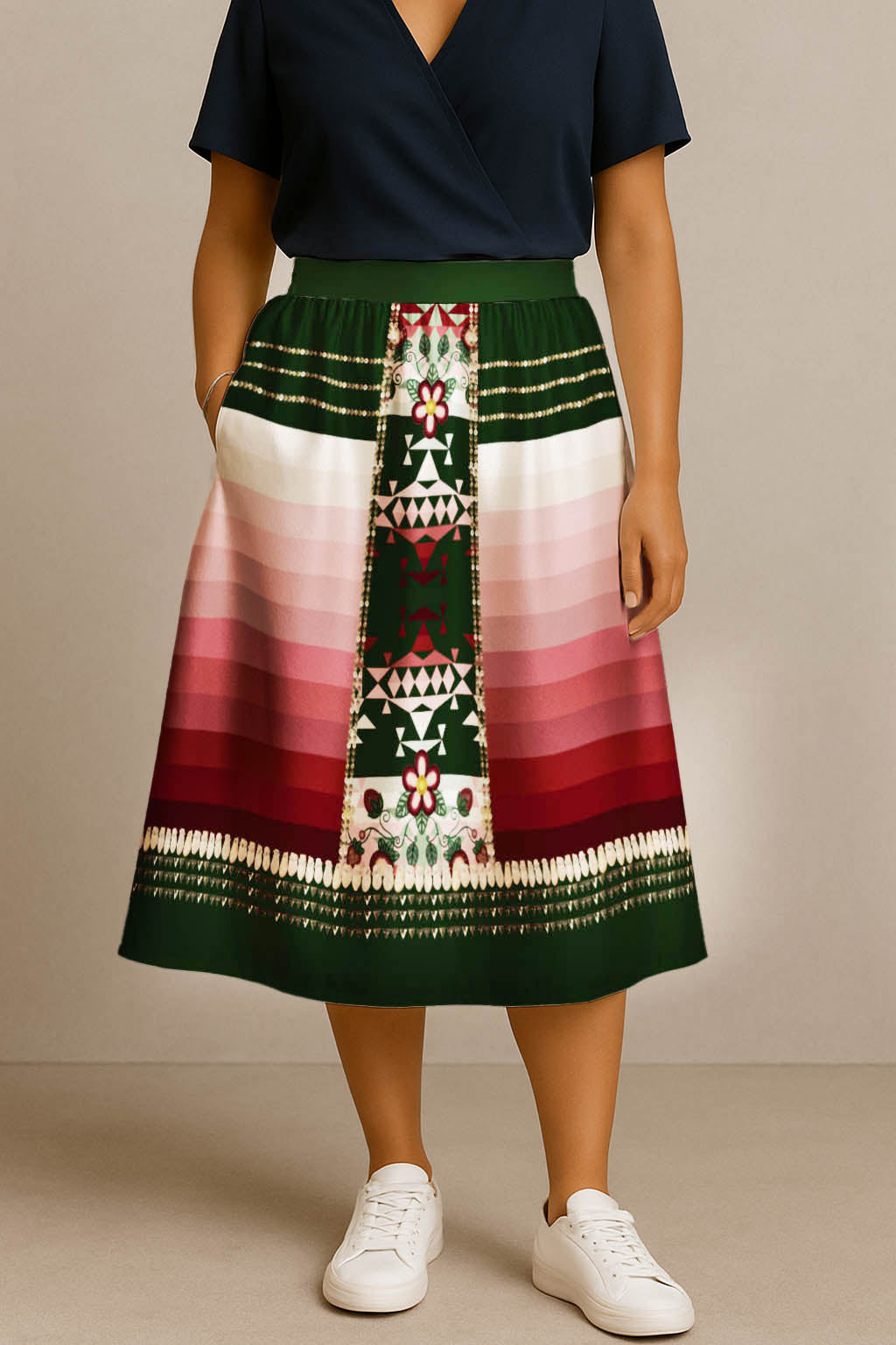 Sacred Strawberry Hunter 2 Elastic Waist Pocket Midi Skirt