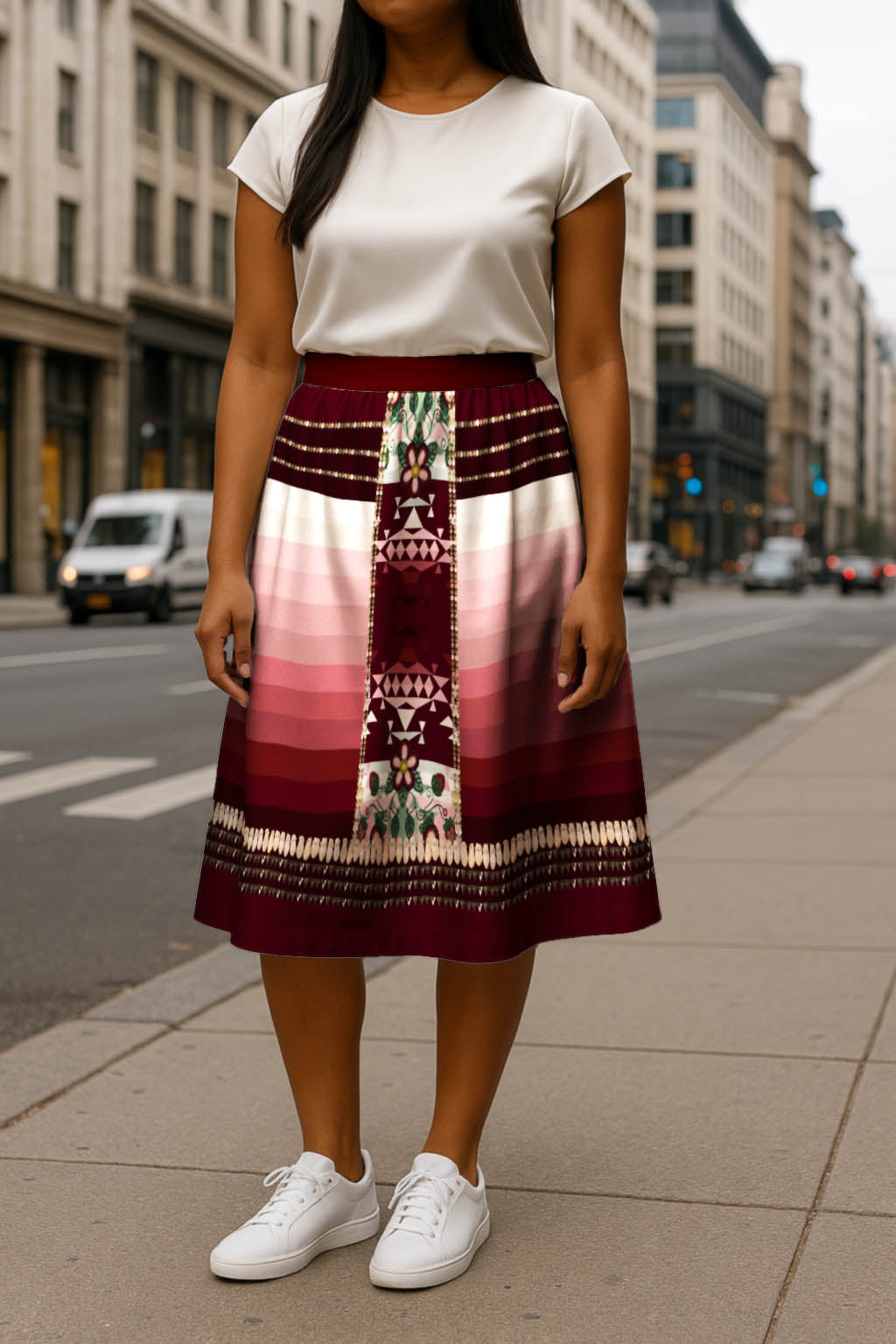 Sacred Strawberry Maroon 2 Elastic Waist Pocket Midi Skirt