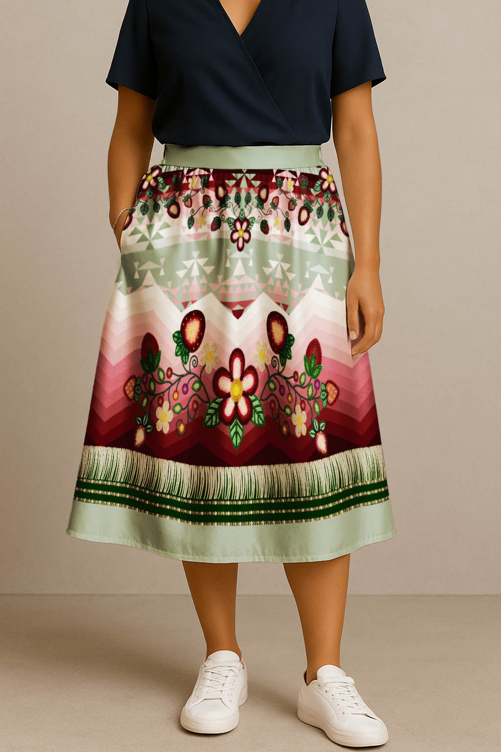 Sacred Strawberry Sage 1 Elastic Waist Pocket Midi Skirt