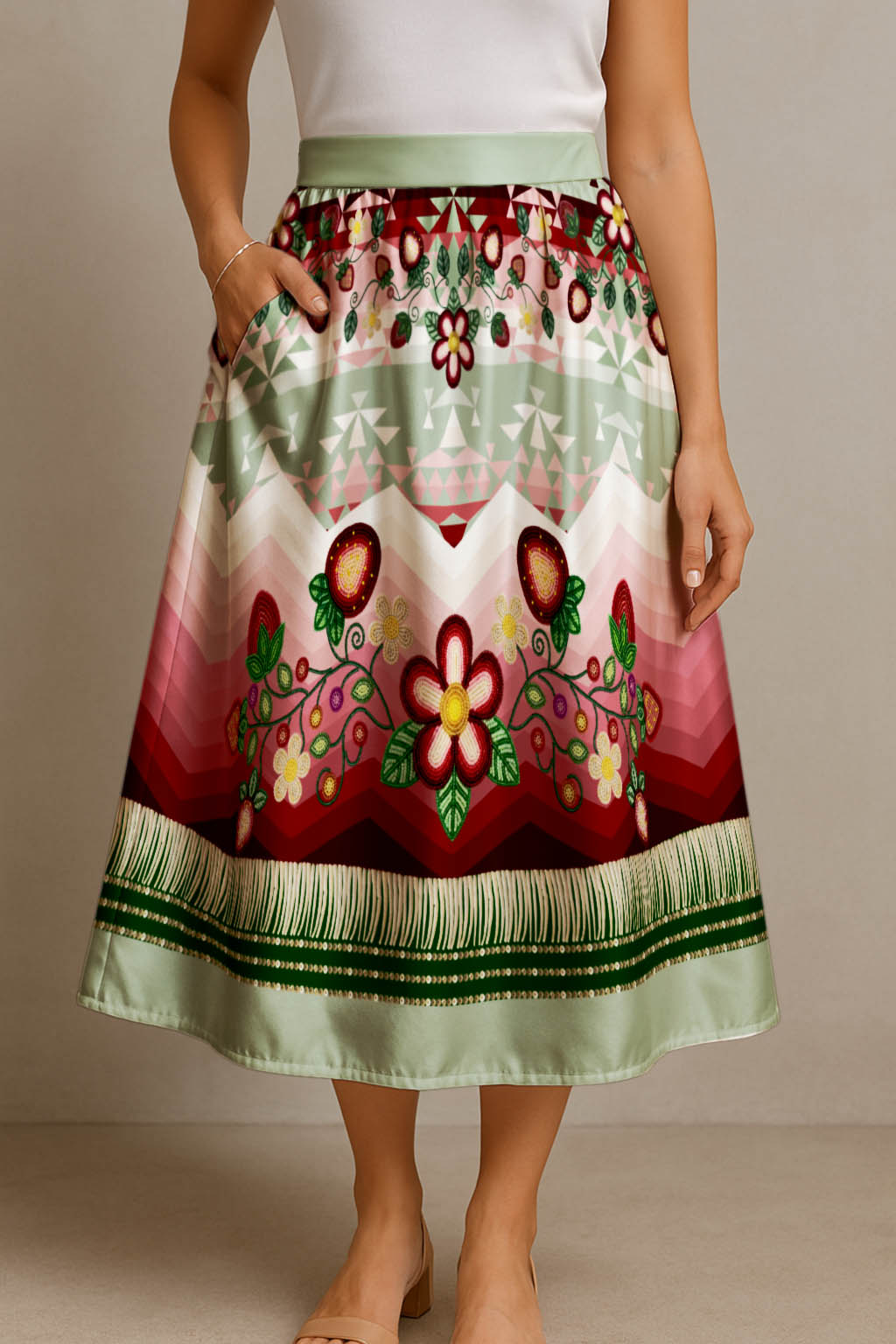 Sacred Strawberry Sage 1 Elastic Waist Pocket Midi Skirt