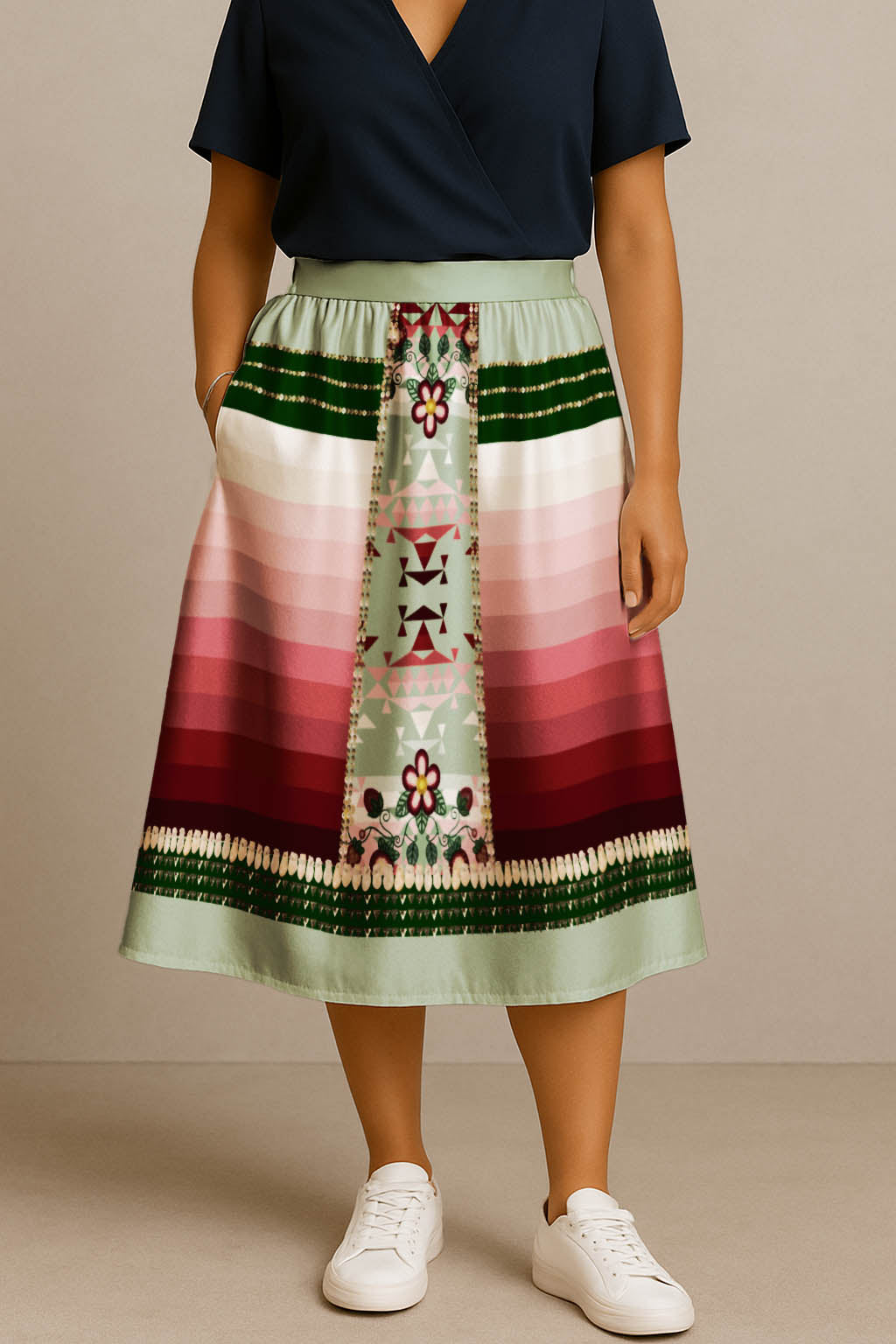 Sacred Strawberry Sage 2 Elastic Waist Pocket Midi Skirt