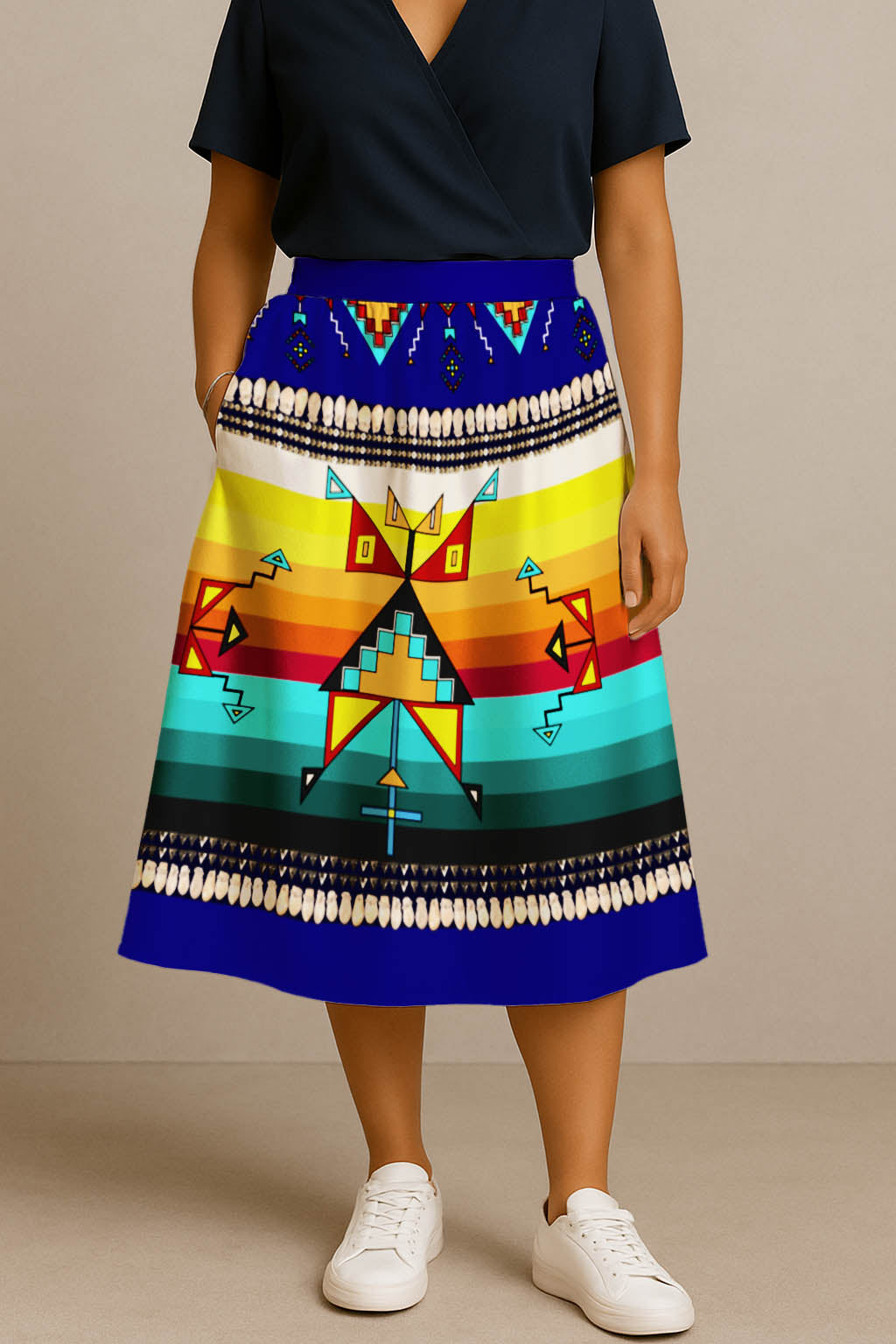 Sentinel of the Plains Navy 3 Elastic Waist Pocket Midi Skirt