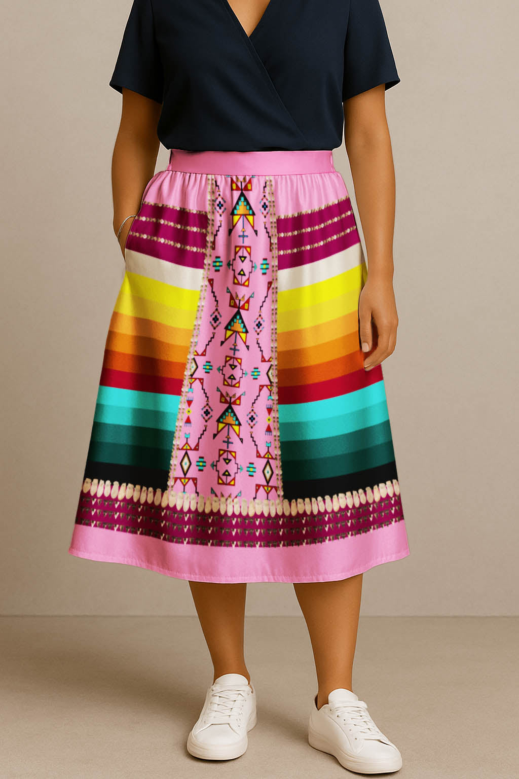 Sentinel of the Plains Pink 2 Elastic Waist Pocket Midi Skirt