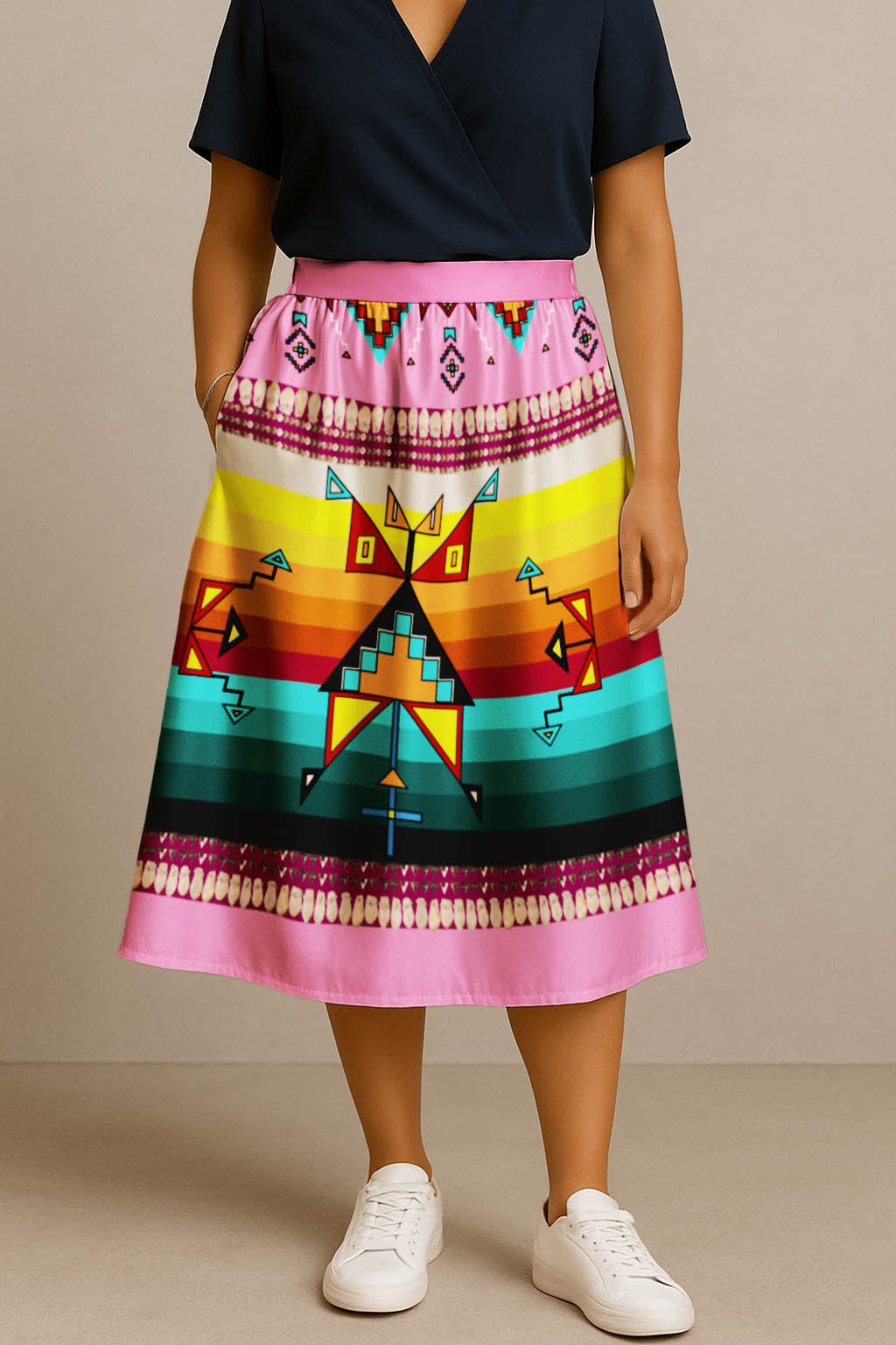 Sentinel of the Plains Pink 3 Elastic Waist Pocket Midi Skirt