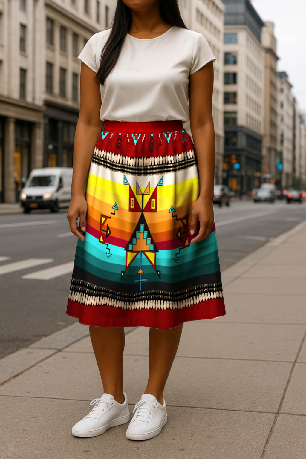 Sentinel of the Plains Red 3 Elastic Waist Pocket Midi Skirt