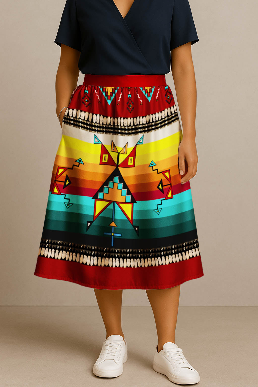 Sentinel of the Plains Red 3 Elastic Waist Pocket Midi Skirt