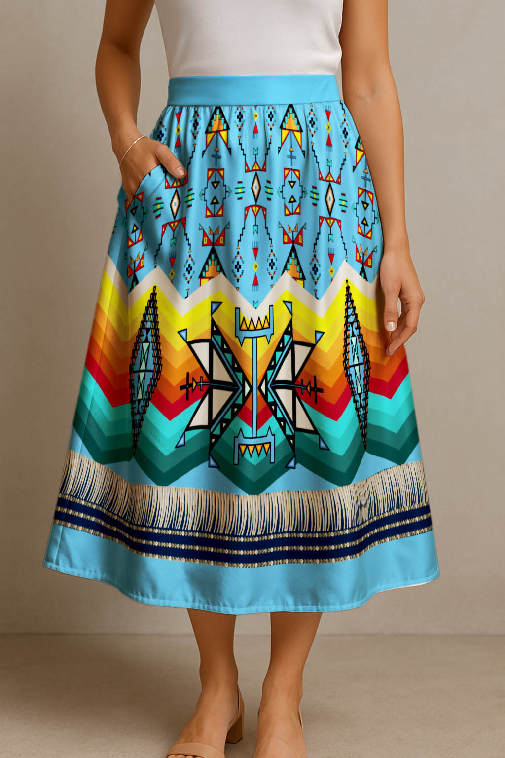 Sentinel of the Plains Turquoise 1 Elastic Waist Pocket Midi Skirt