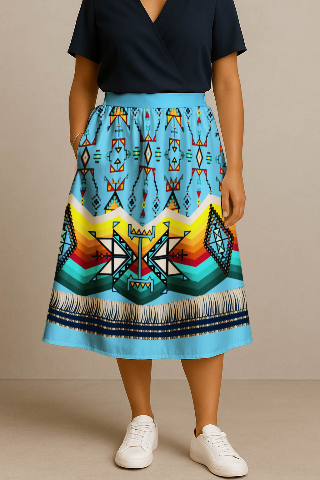 Sentinel of the Plains Turquoise 1 Elastic Waist Pocket Midi Skirt