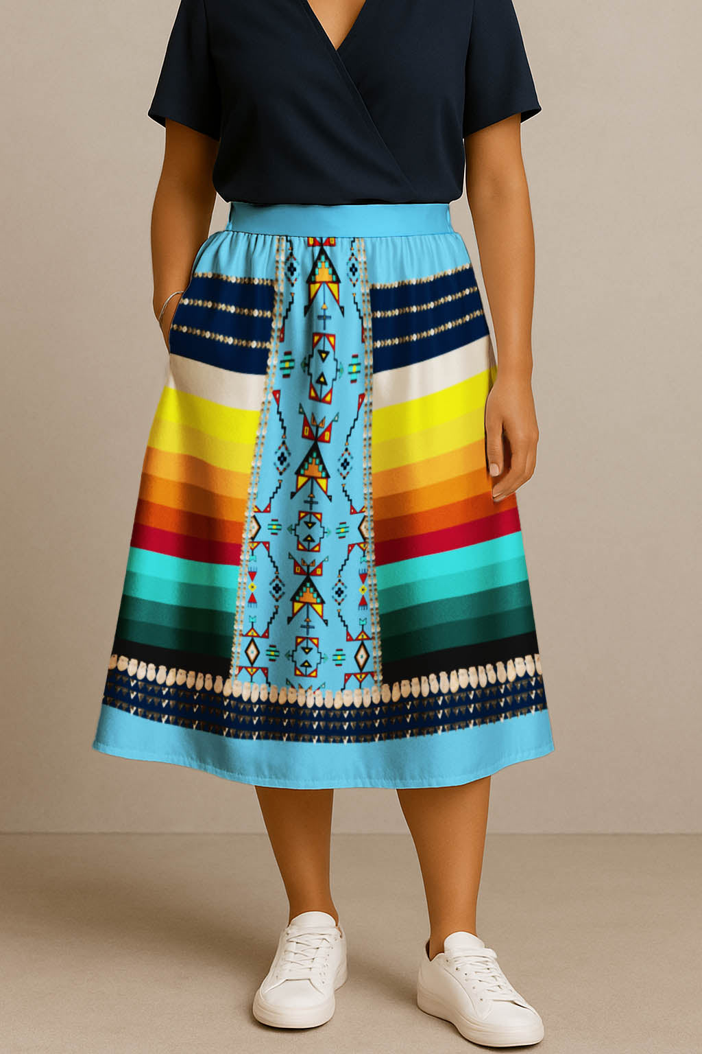 Sentinel of the Plains Turquoise 2 Elastic Waist Pocket Midi Skirt