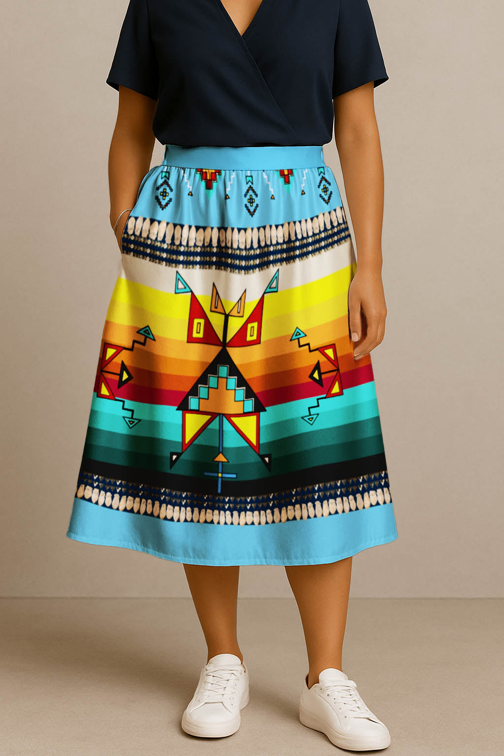 Sentinel of the Plains Turquoise 3 Elastic Waist Pocket Midi Skirt