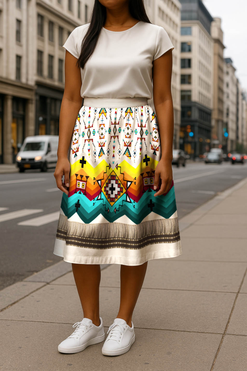 Sentinel of the Plains White 1 Elastic Waist Pocket Midi Skirt