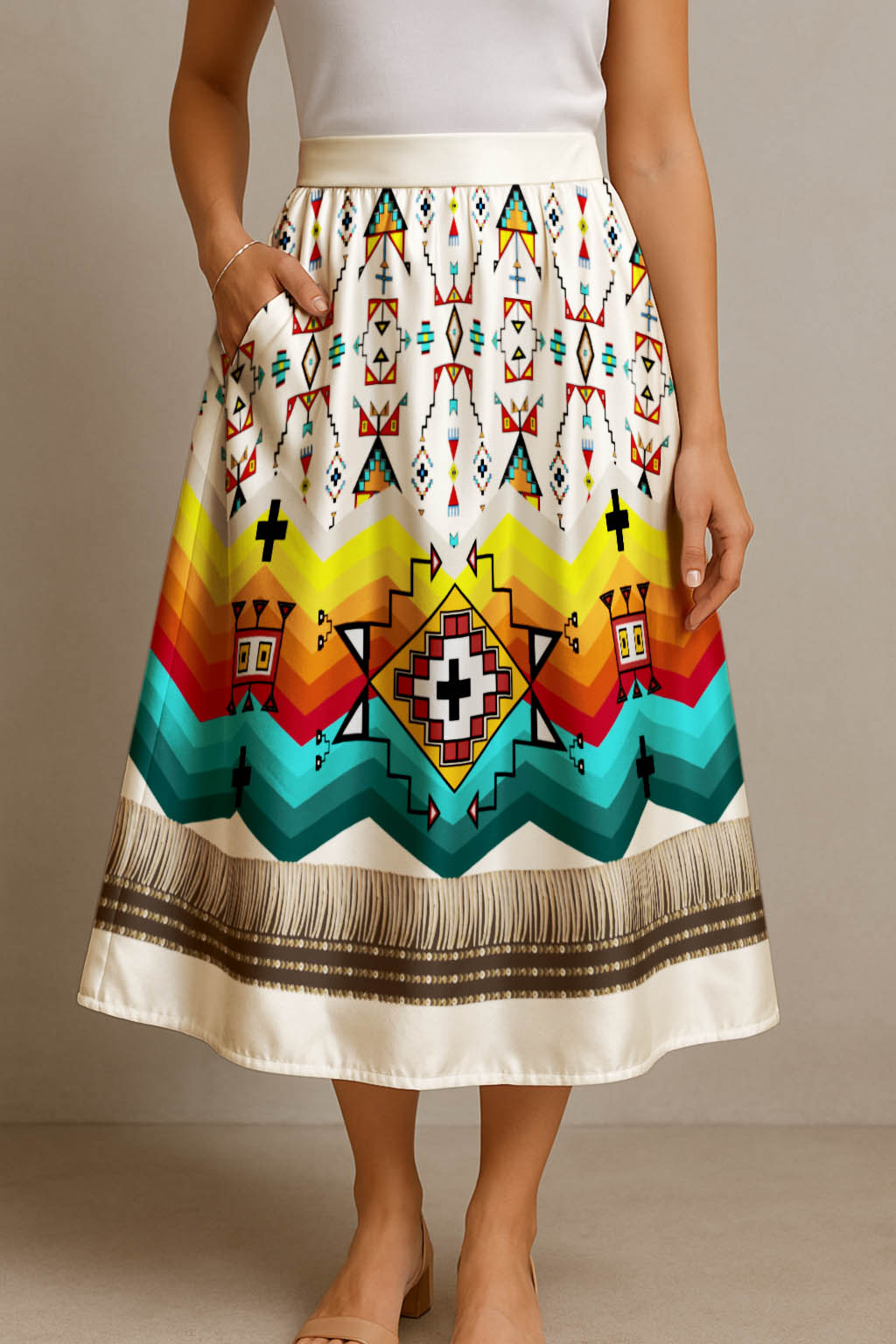 Sentinel of the Plains White 1 Elastic Waist Pocket Midi Skirt