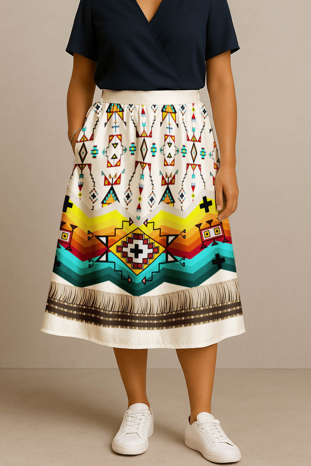 Sentinel of the Plains White 1 Elastic Waist Pocket Midi Skirt