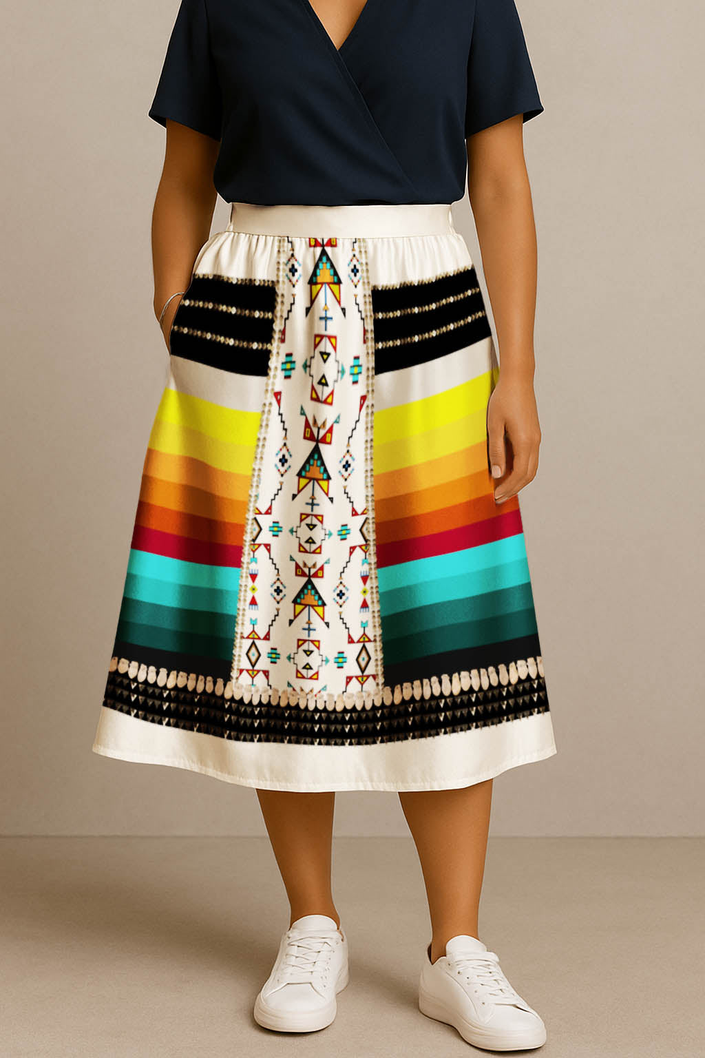 Sentinel of the Plains White 2 Elastic Waist Pocket Midi Skirt