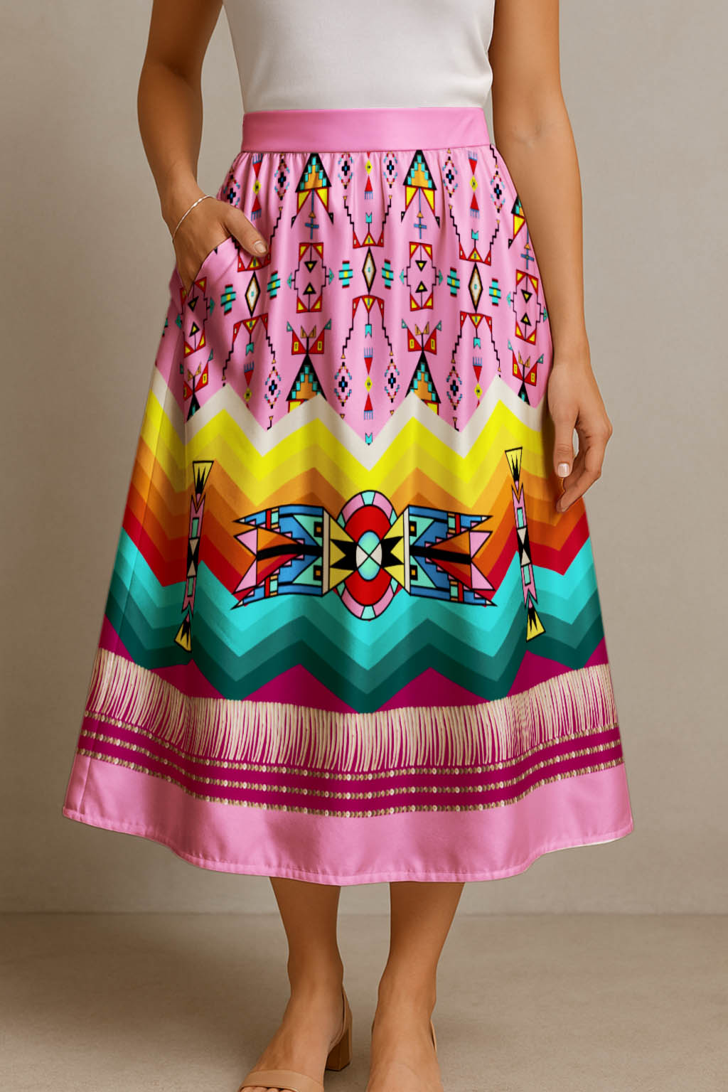 Sentinel of the Plains Pink 1 Elastic Waist Pocket Midi Skirt