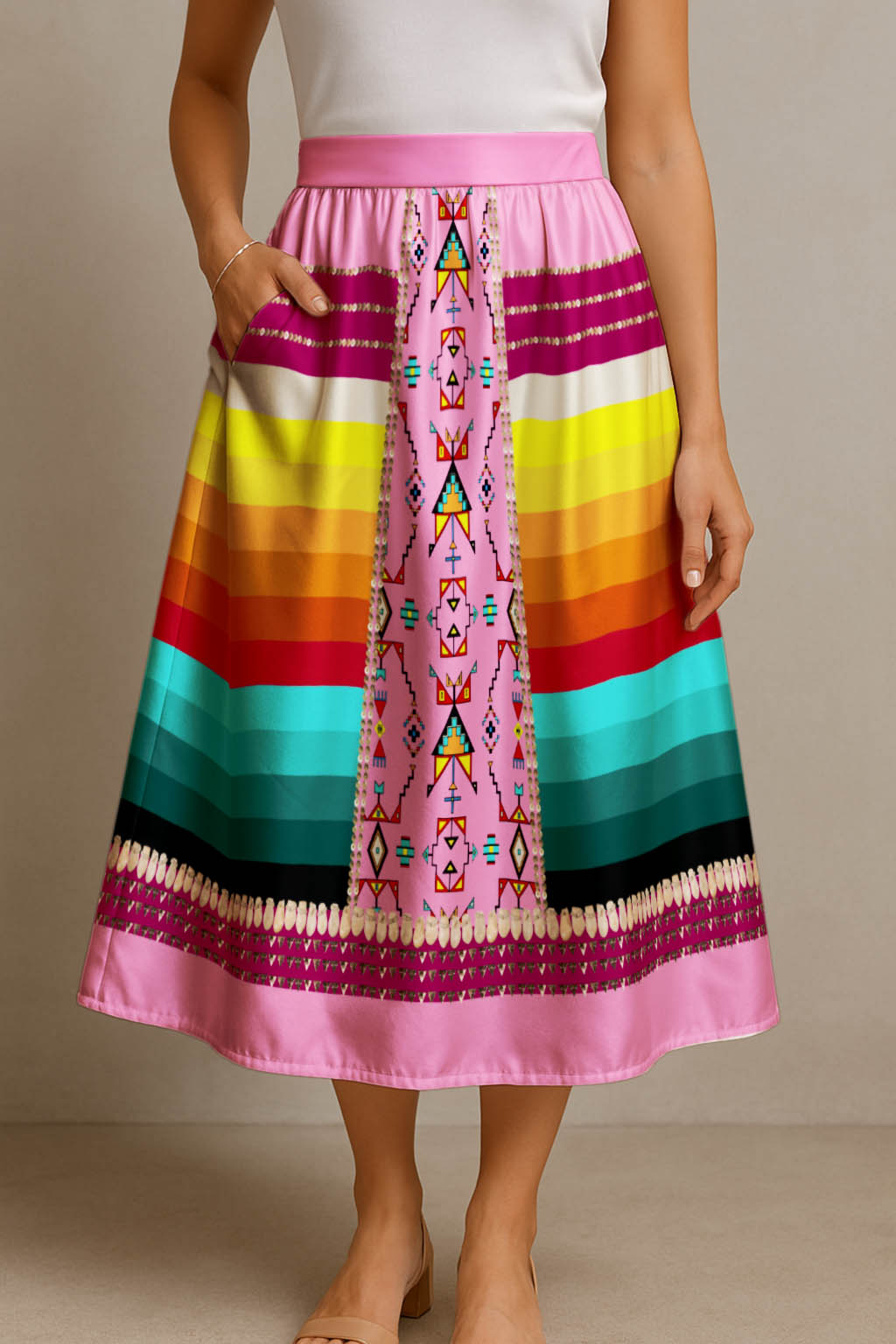 Sentinel of the Plains Pink 2 Elastic Waist Pocket Midi Skirt