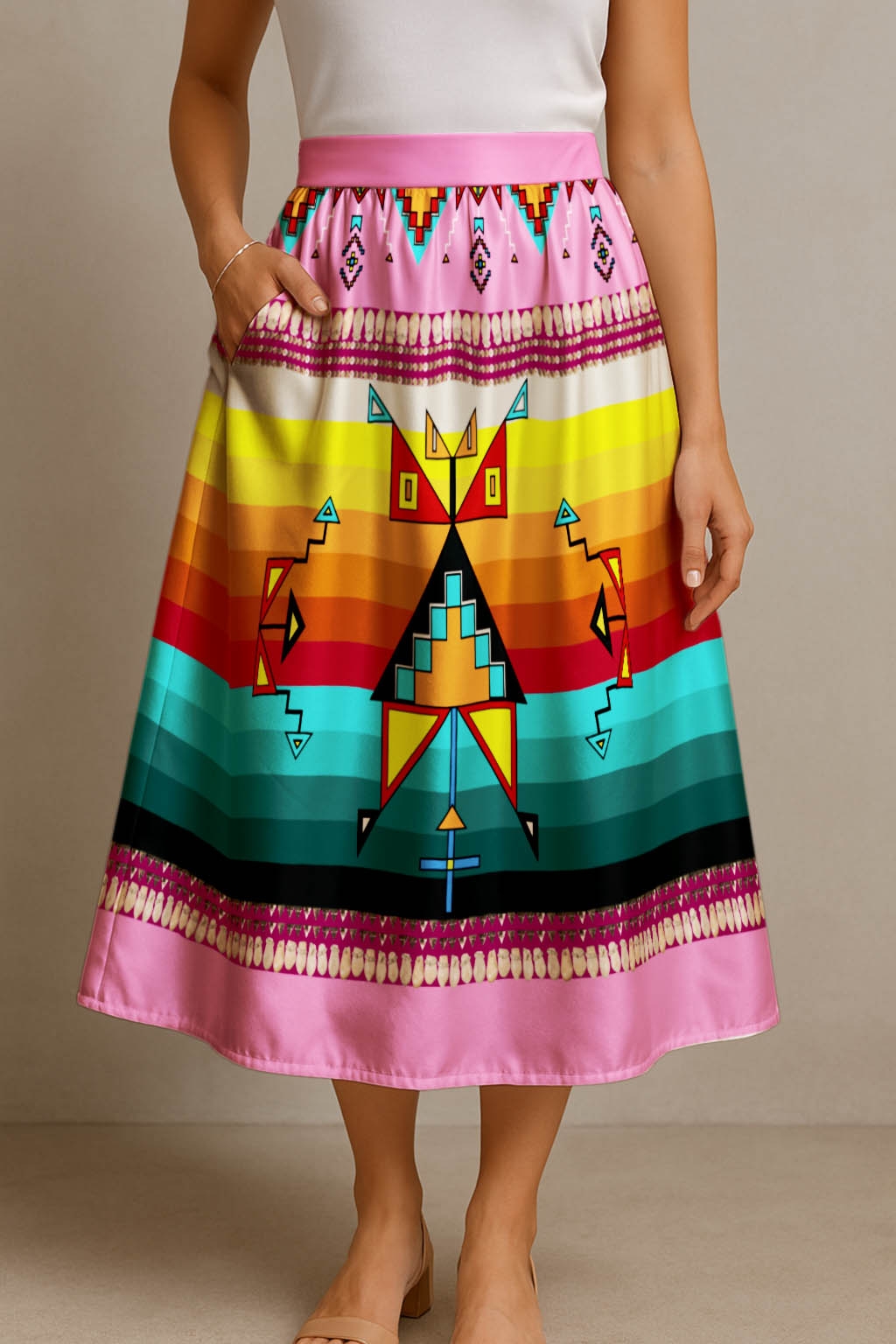 Sentinel of the Plains Pink 3 Elastic Waist Pocket Midi Skirt