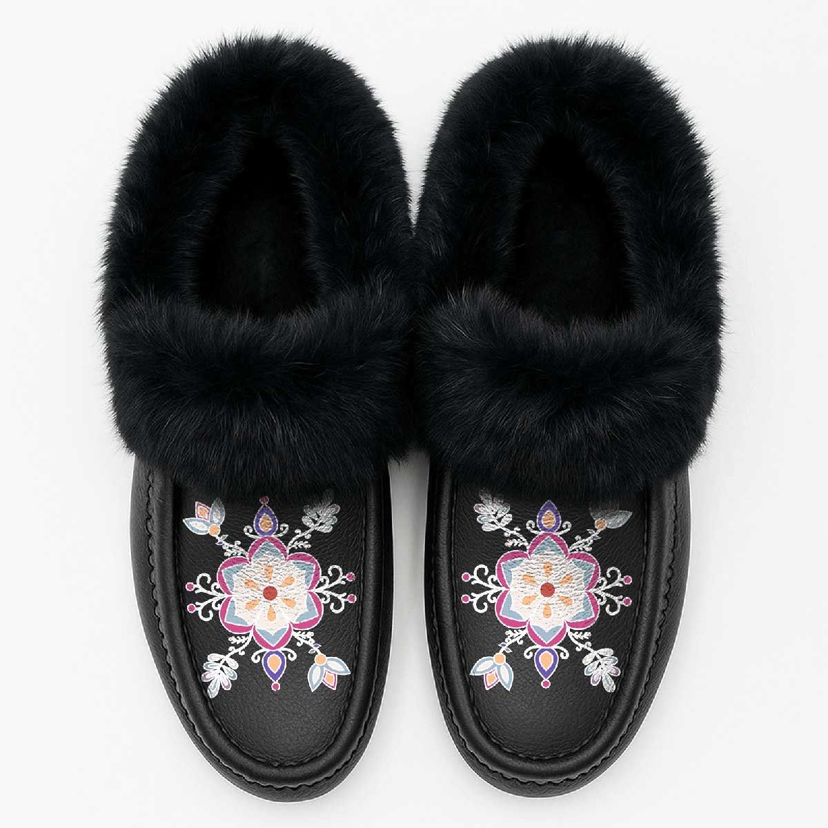 Aurora Petal Glow Black Leather Black Fur Moccasin