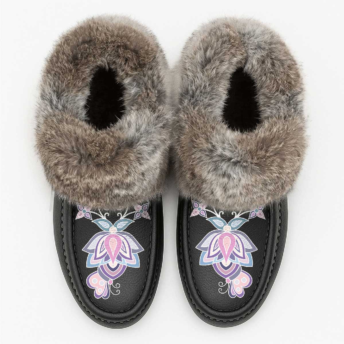 Snow Petal Spirit Black Leather Mottled Fur Moccasin