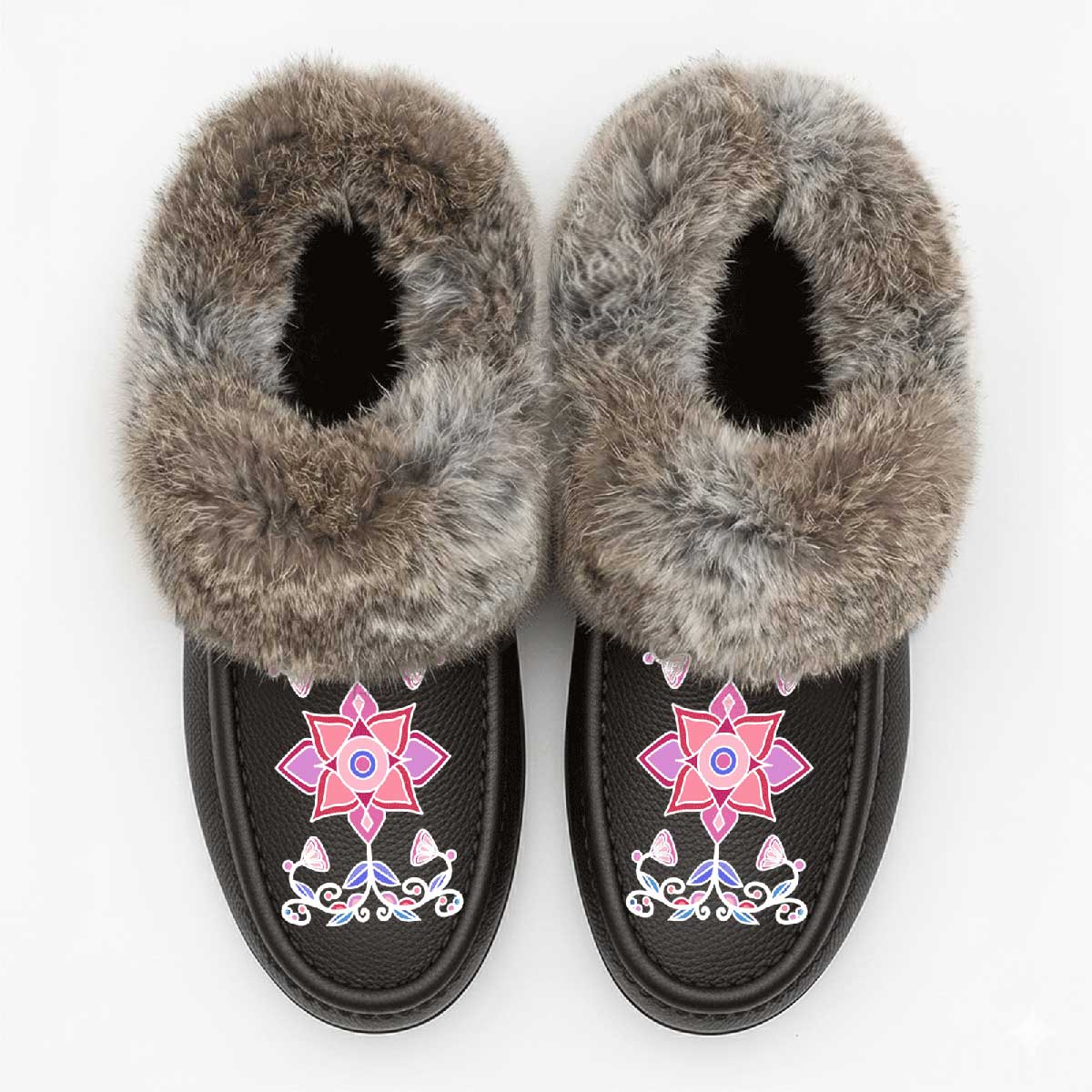 Frost Flower Circle Brown Leather Mottled Fur Moccasin