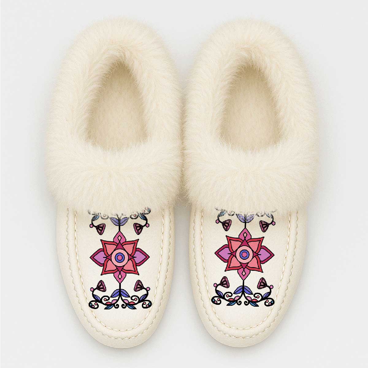 Frost Flower Circle White Leather White Fur Moccasin