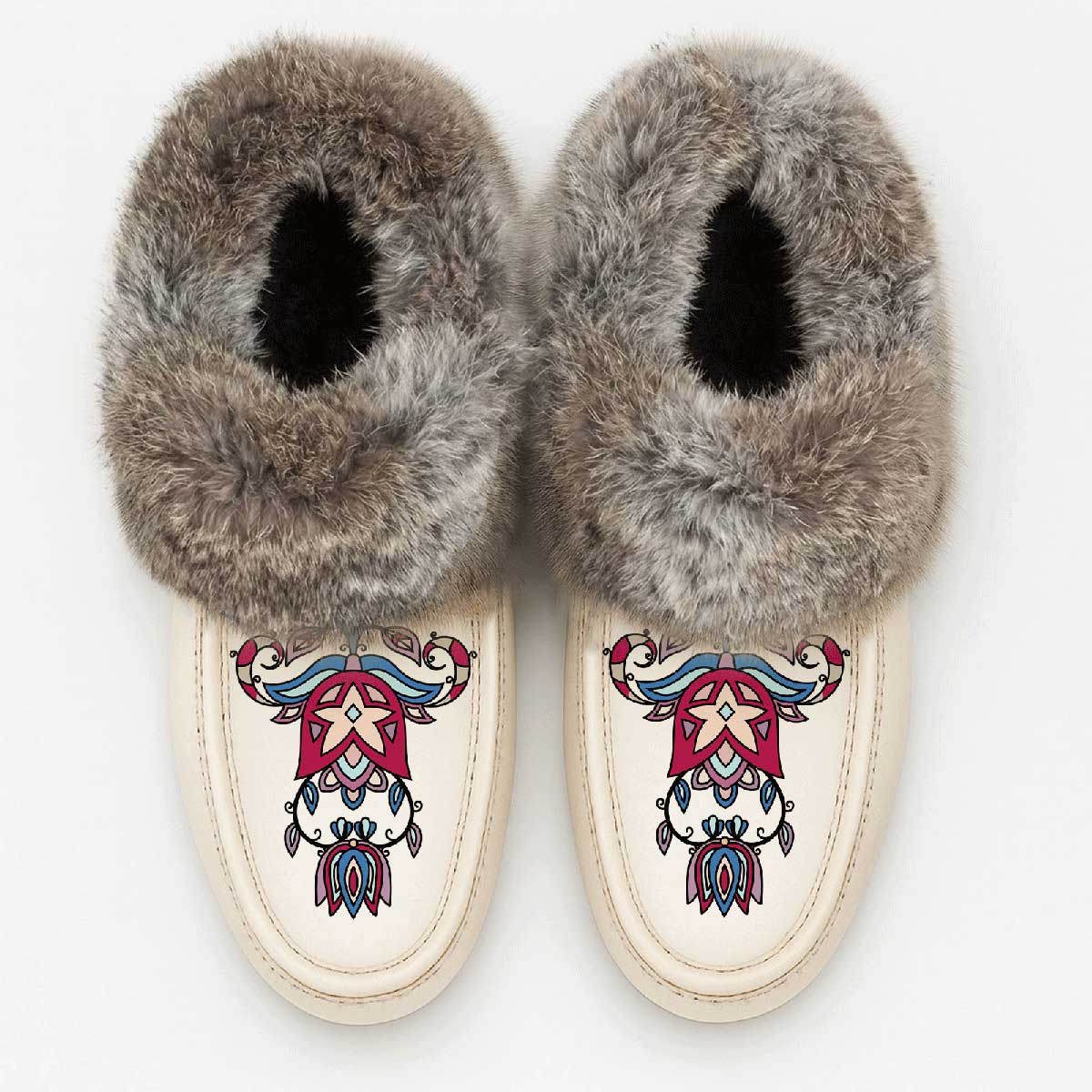 Northern Ember White Leather Mottled Fur Moccasin