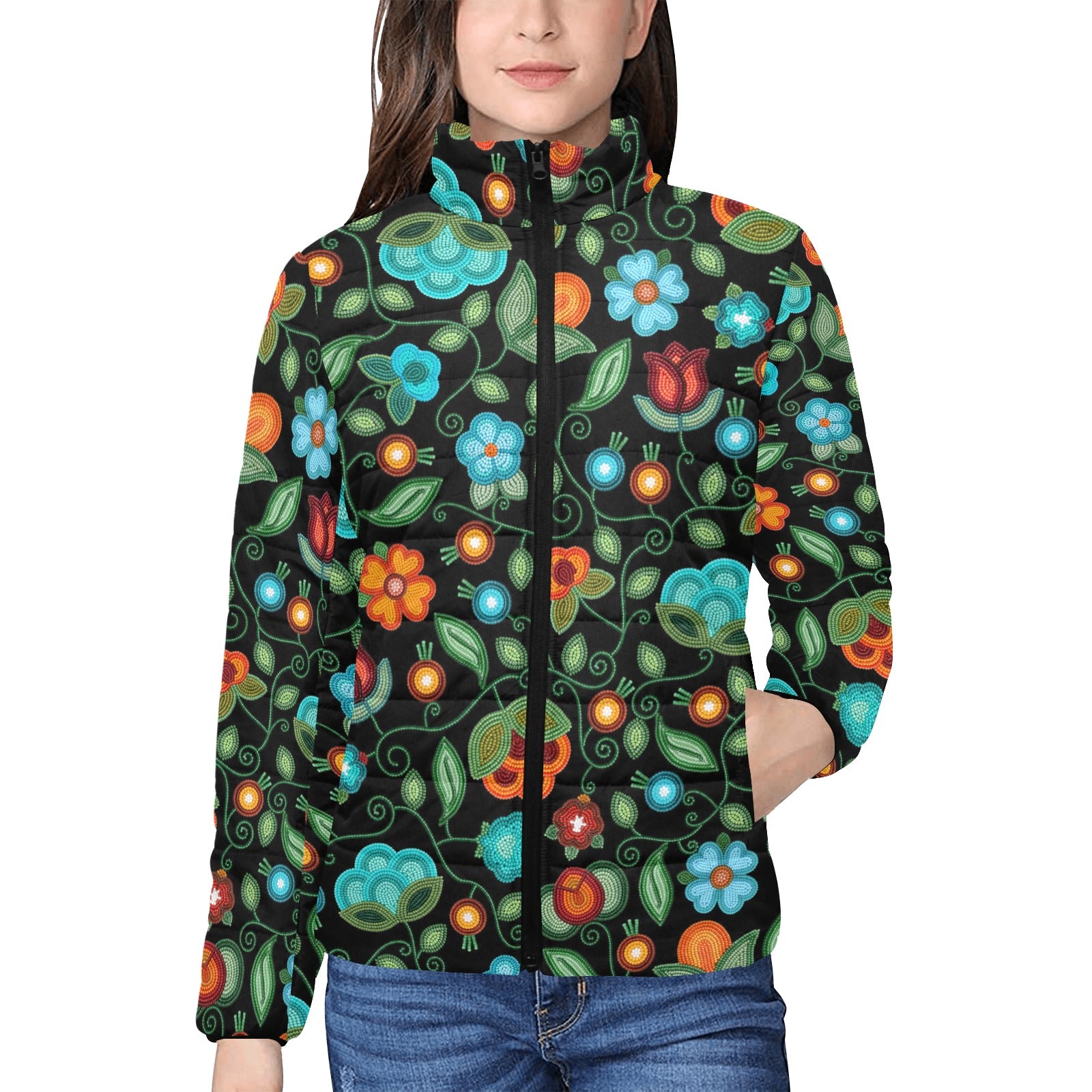 Prairie Fire Petals Black Women's Stand Collar Padded Jacket