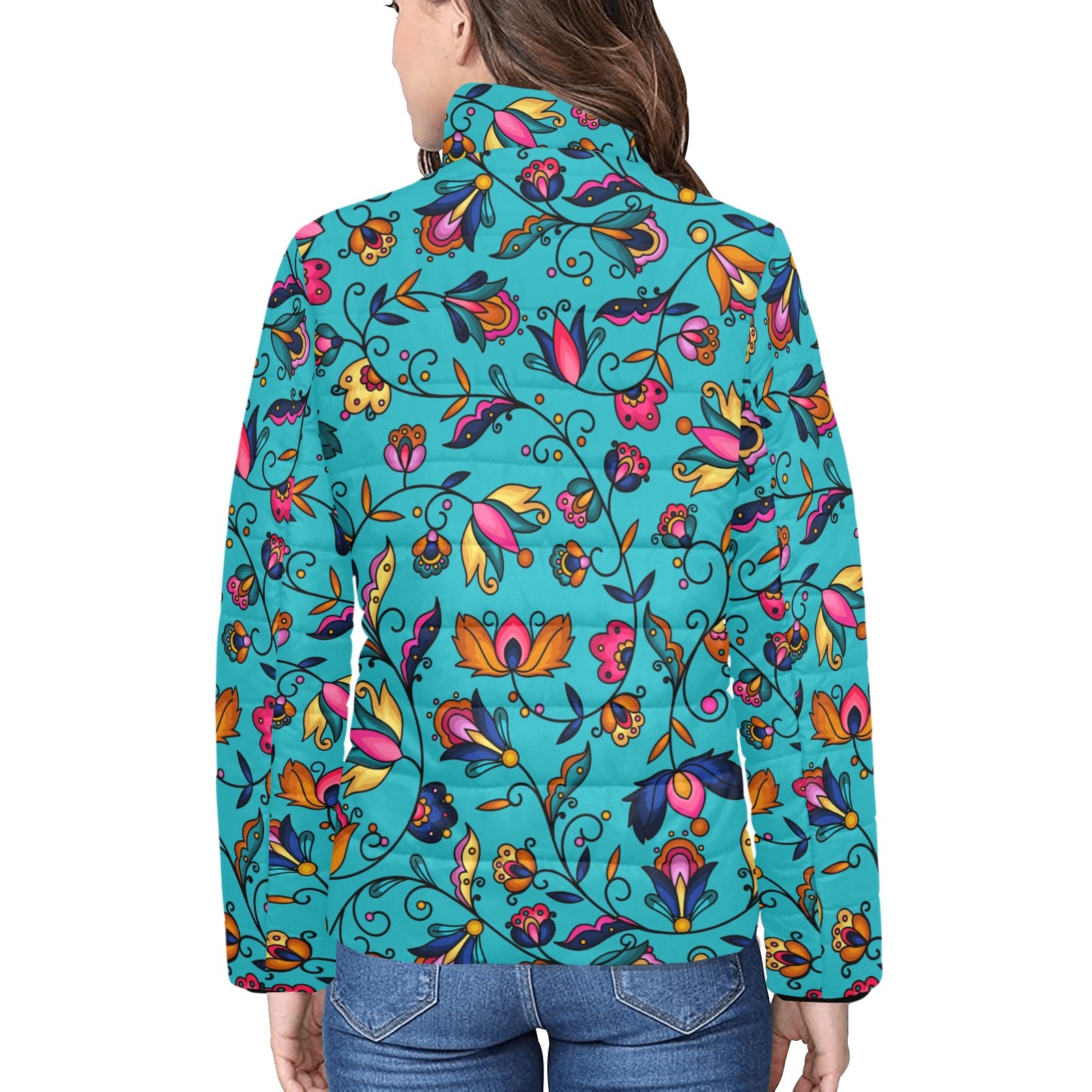 Copper Prairie Petals Turquoise Women's Stand Collar Padded Jacket