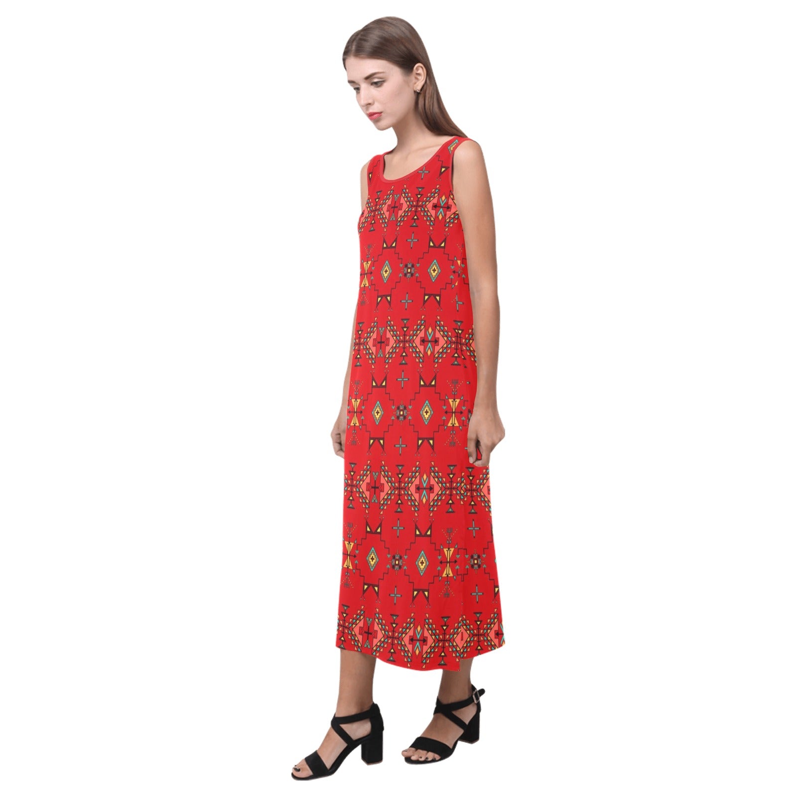 Thunder Flight Red Phaedra Sleeveless Open Fork Long Dress