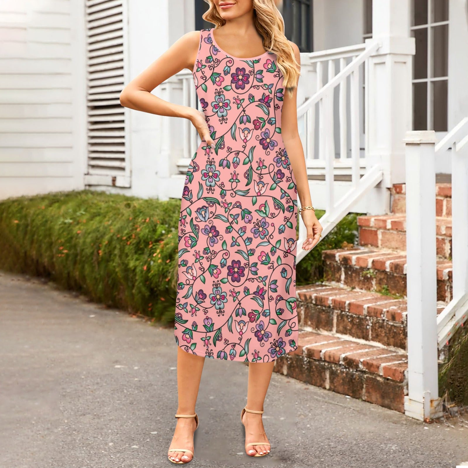 Amber Evening Garland Peach Phaedra Sleeveless Open Fork Long Dress