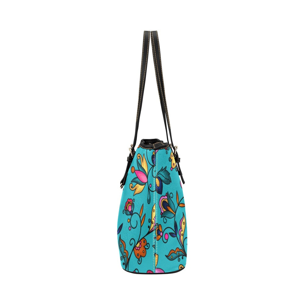Copper Prairie Petals Turquoise Leather Tote Bag/Large