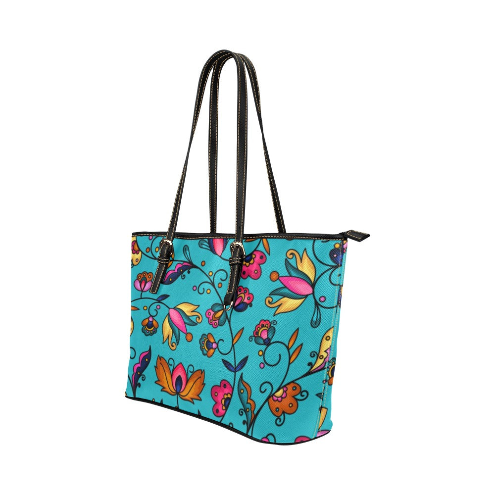 Copper Prairie Petals Turquoise Leather Tote Bag/Large