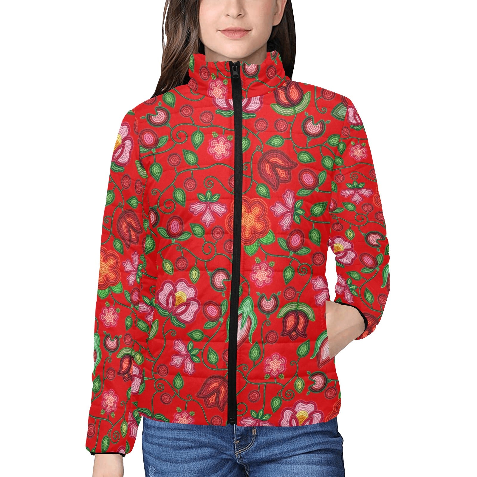 Rose Reverie Red Women's Stand Collar Padded Jacket