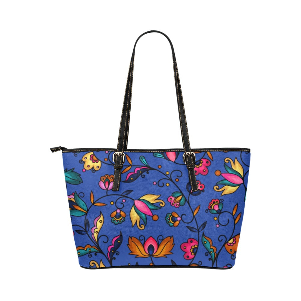 Copper Prairie Petals Blue Leather Tote Bag/Large