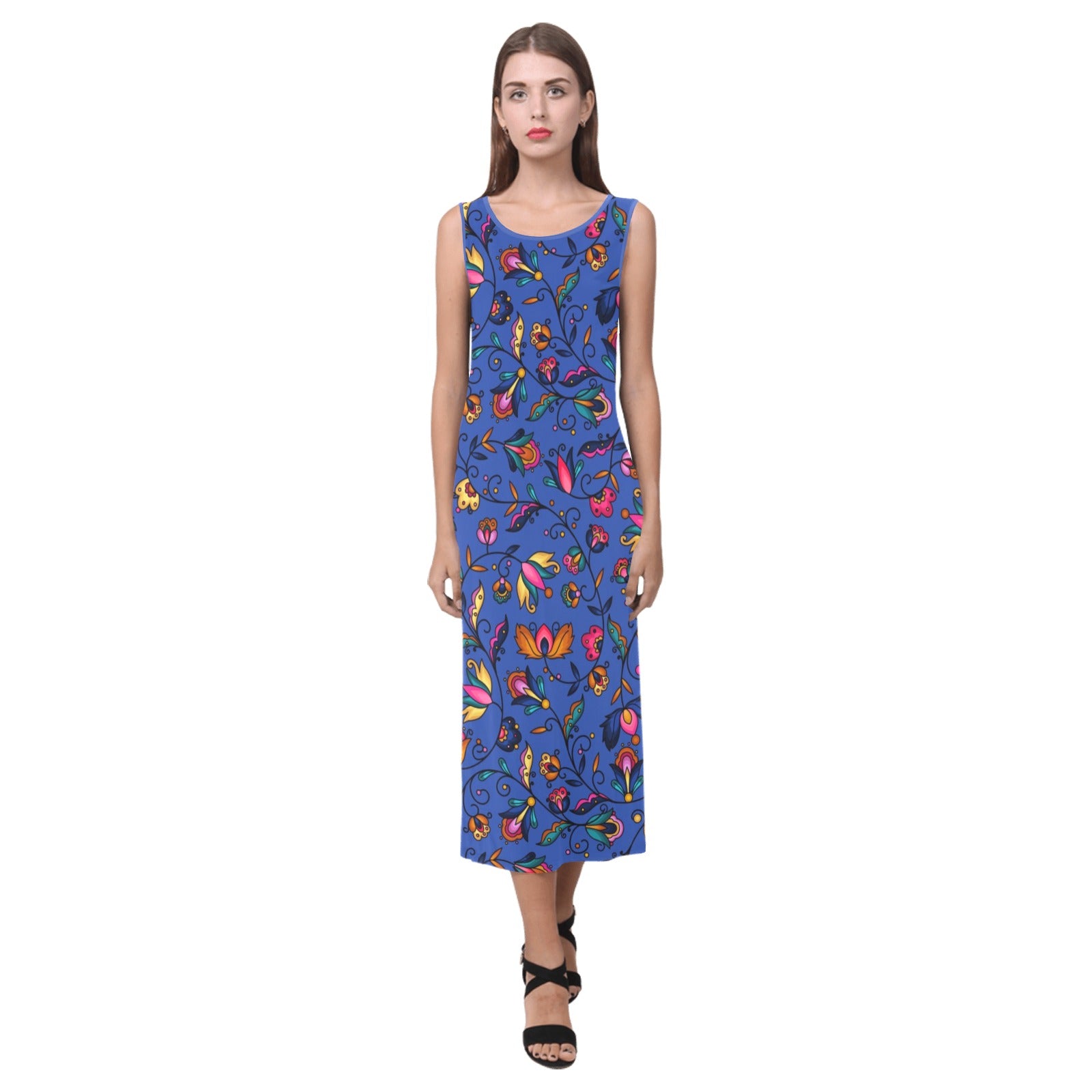 Copper Prairie Petals Blue Phaedra Sleeveless Open Fork Long Dress