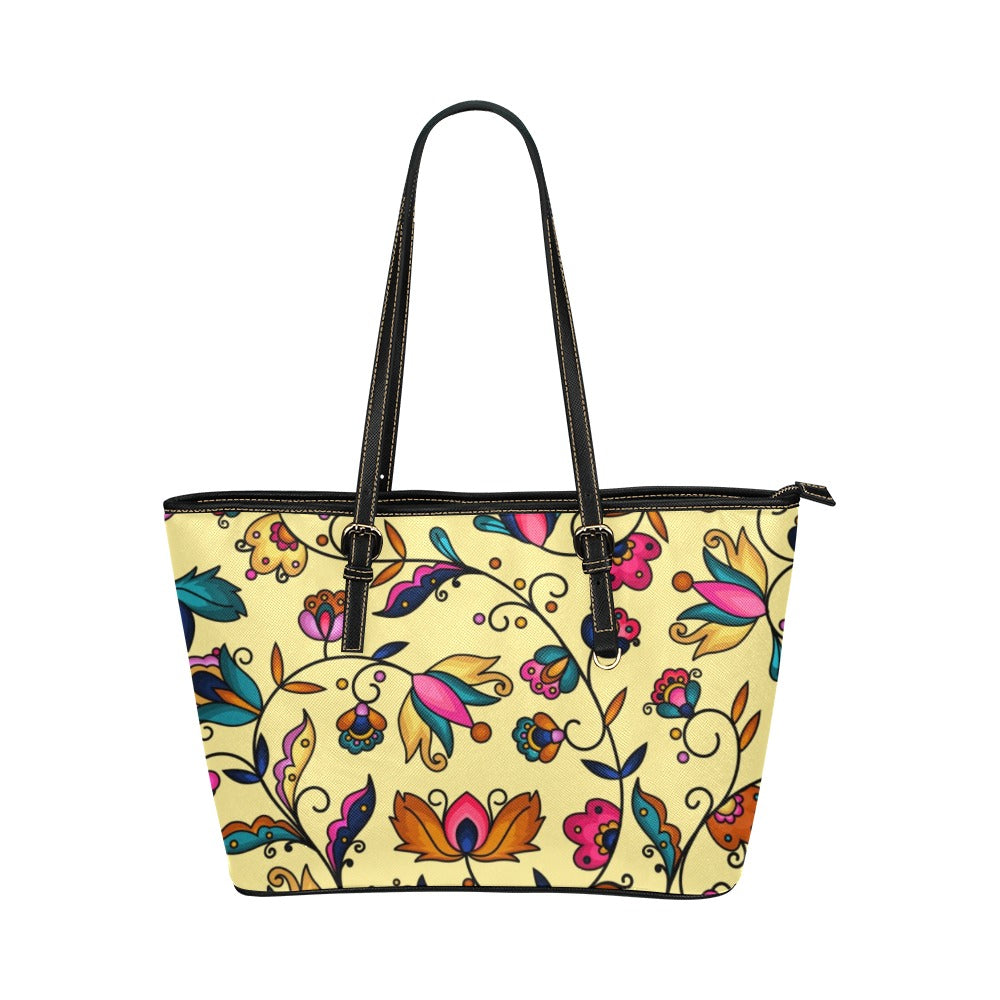 Copper Prairie Petals Yellow Leather Tote Bag/Large